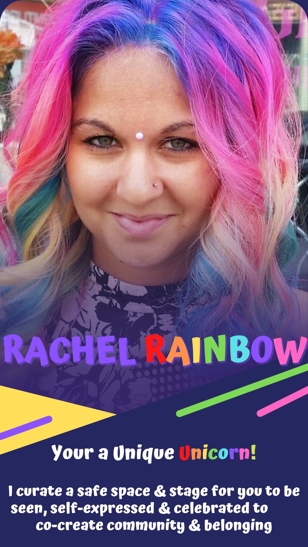 Rachel Rainbow positioning graphic